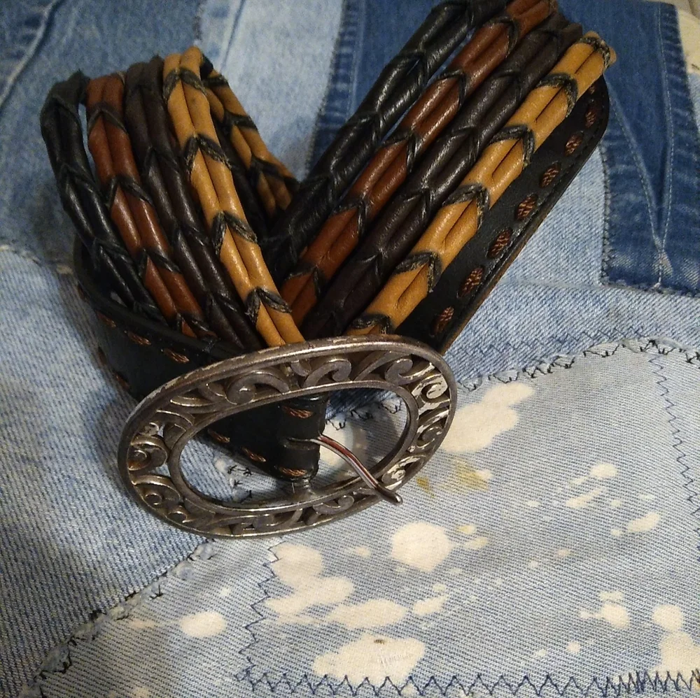 Brighton Multistrand Leather Belt- Tan Brown Black Silver Filigree Buckle sz. 34